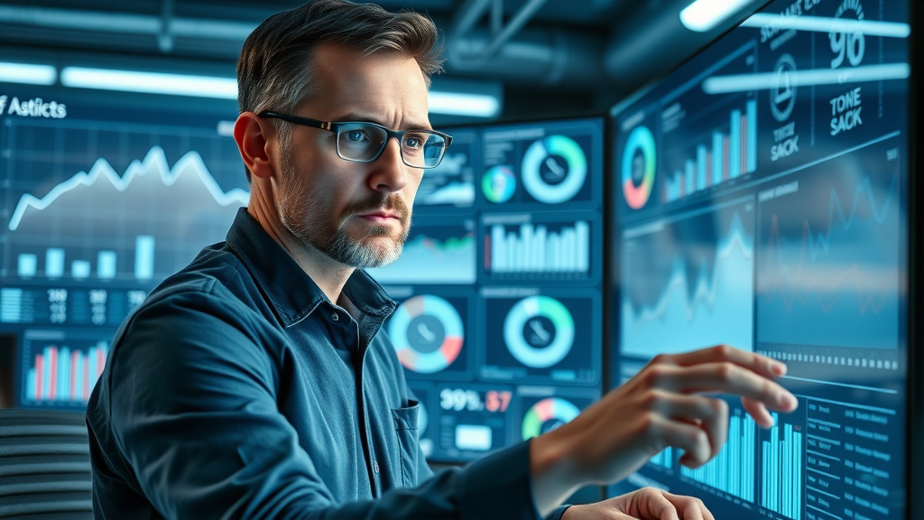 Professional marketing analyst reviewing brand storytelling metrics on digital dashboard