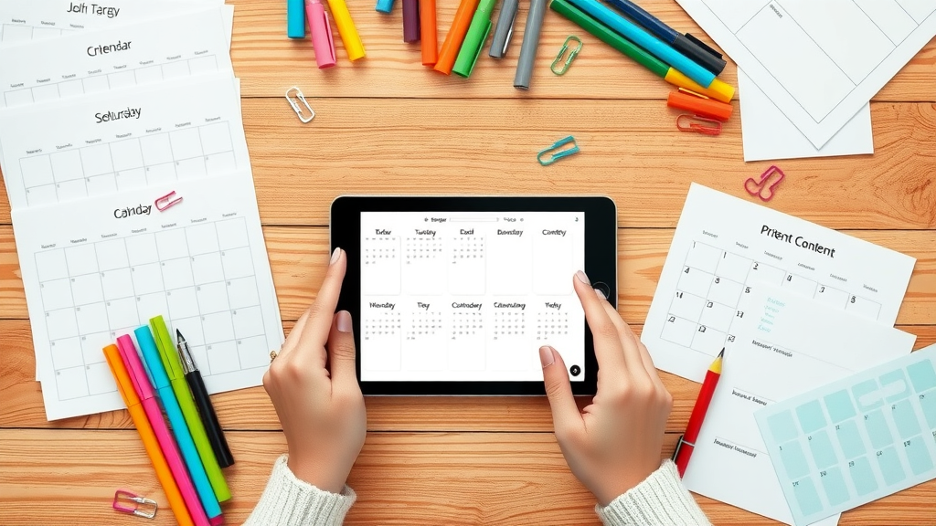Organized content calendar templates, color markers, and digital tablet with app on a wooden desk. Content calendar template, social media calendar template, google sheet.