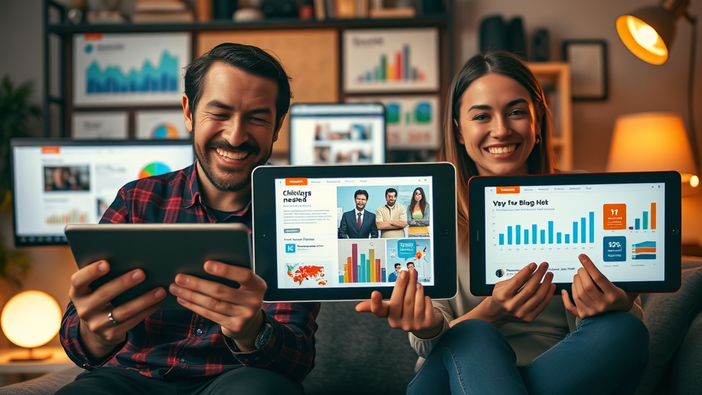 diverse media collage, devices displaying blogs, videos, infographics, and social media posts, illustrating types of content, content creation process in digital devices