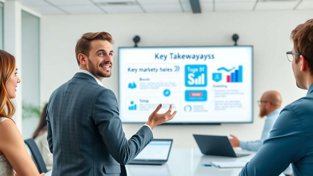 confident marketing strategist presenting content creation process key takeaways, team meeting with digital board and infographics, content marketing success