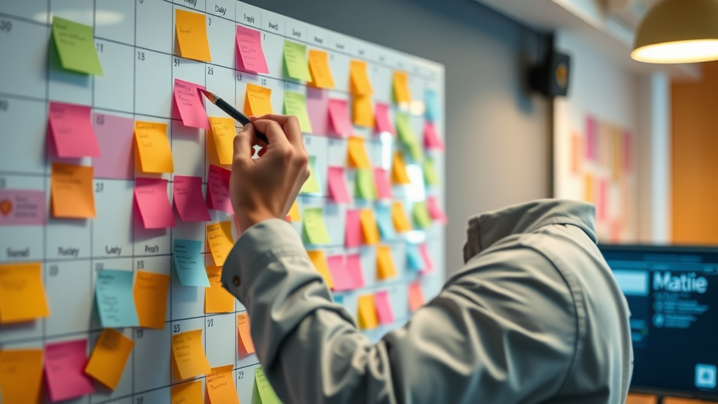 creative professional planning content calendar, arranging sticky notes and digital screens, content idea generation, teamwork in content creation process