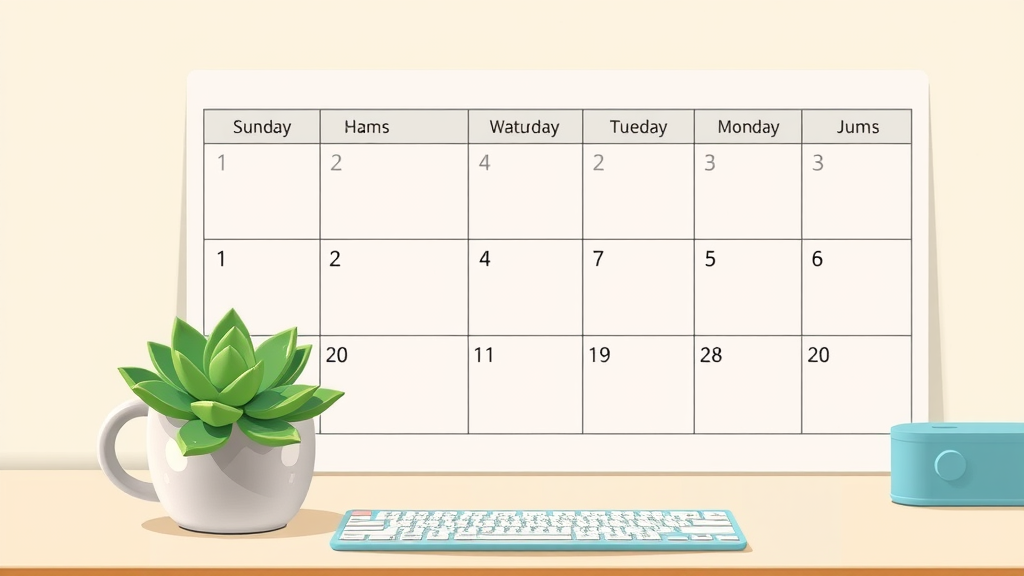 Digital content calendar template with organized multi-color sections, color-coded dynamic elements on a pastel desktop. Content calendar template, media calendar template.