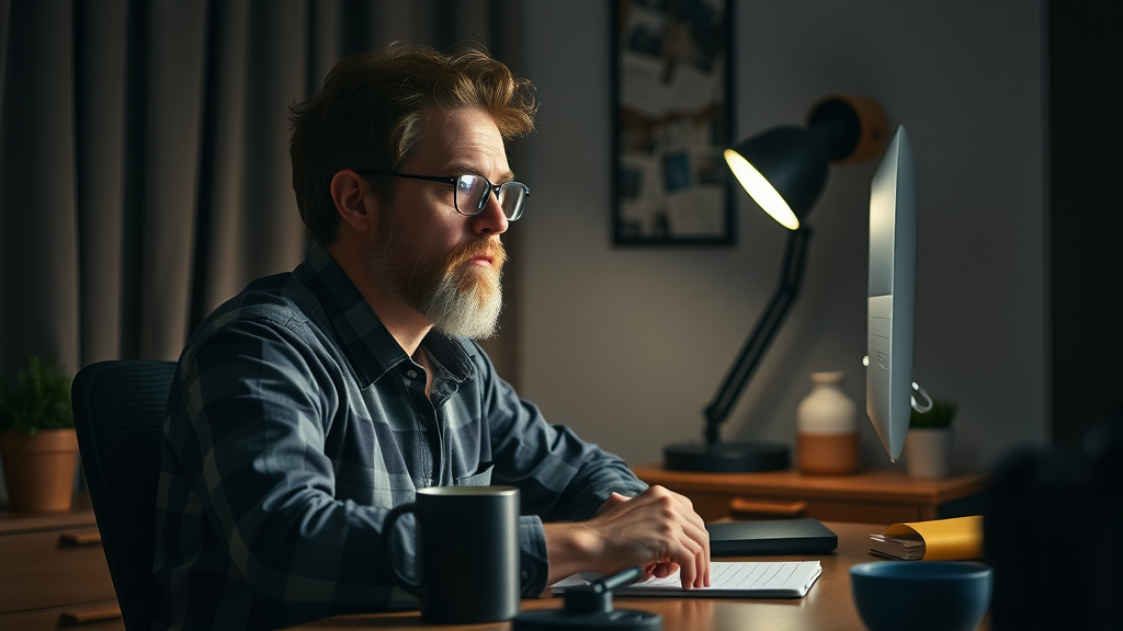 resilient content creator overcoming creative block at night, determined work at desk, content creation process in late hours with coffee and notes