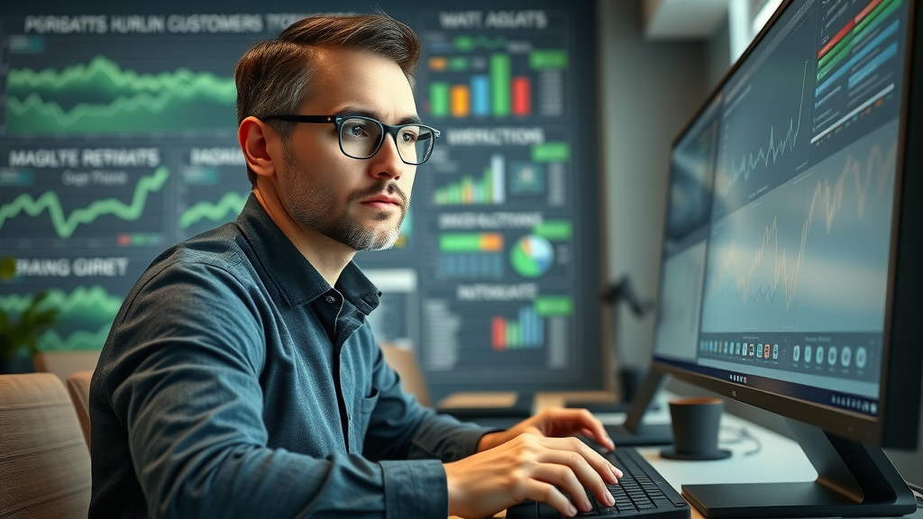 analytical marketer reviewing customer data for personalized content strategy