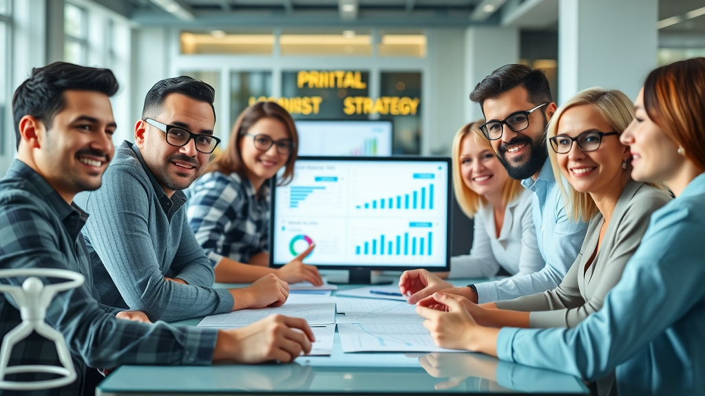 confident digital marketing team collaborating on digital content strategy in a modern office with digital screens and charts