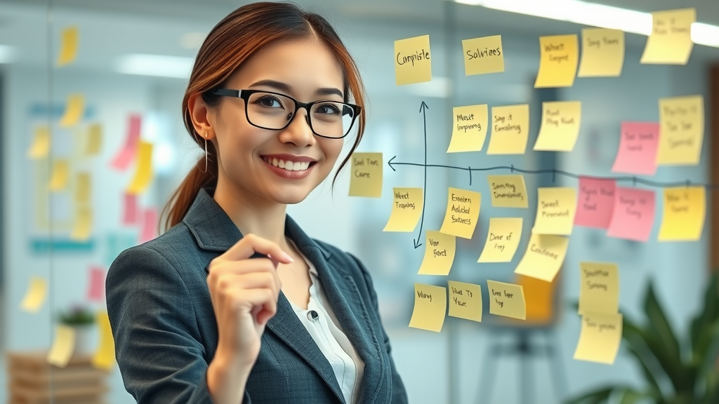 Businesswoman with relaxed smile writing workflow solutions on a glass wall covered with colorful post-it notes in a collaborative workspace. Problem-solving, content calendar, marketing team.