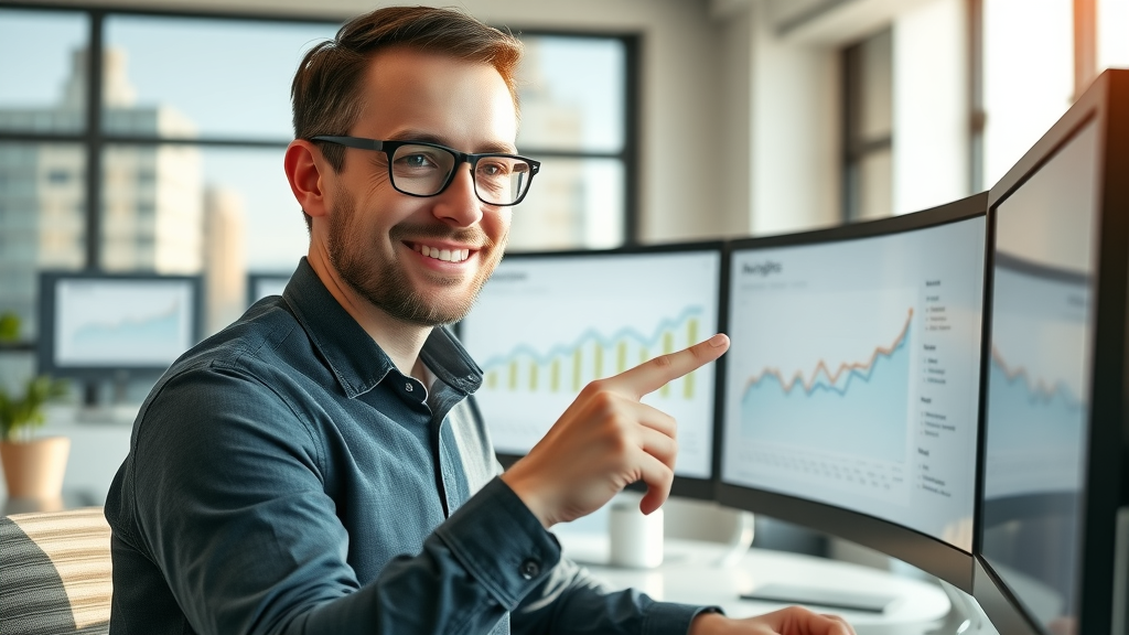 marketing manager reviewing Google Analytics dashboard for organic traffic growth insights