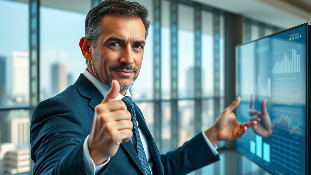 corporate executive presenting powerful content marketing data in a sleek modern conference room with a cityscape view, infographics displayed on screen