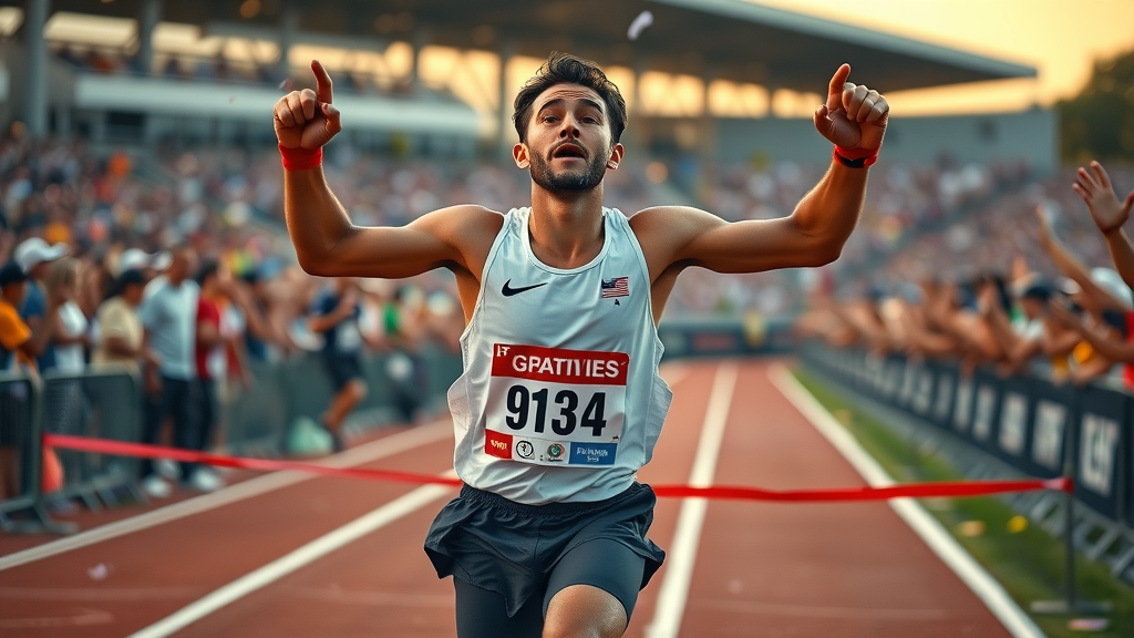 Determined athlete crossing finish line, symbolizing brand storytelling triumph
