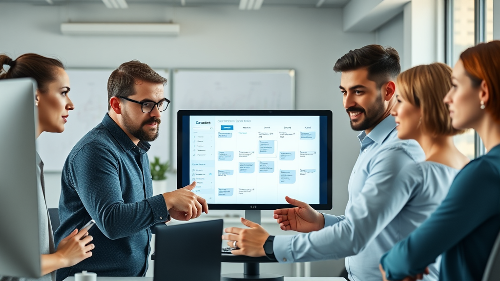 Team of marketers collaborating around a digital screen displaying a structured content calendar in a contemporary office. Content calendar, social media, calendar tool.