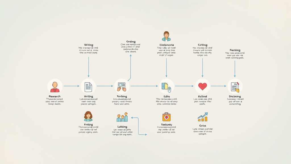 structured creative infographic, content creation process flow with icons for research, writing, editing, distributing, in a modern agency, detailed and visually clear