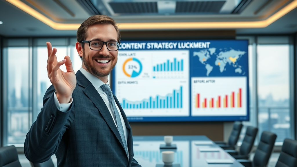 Business leader presents success metrics from content strategy enhancements in a professional boardroom.