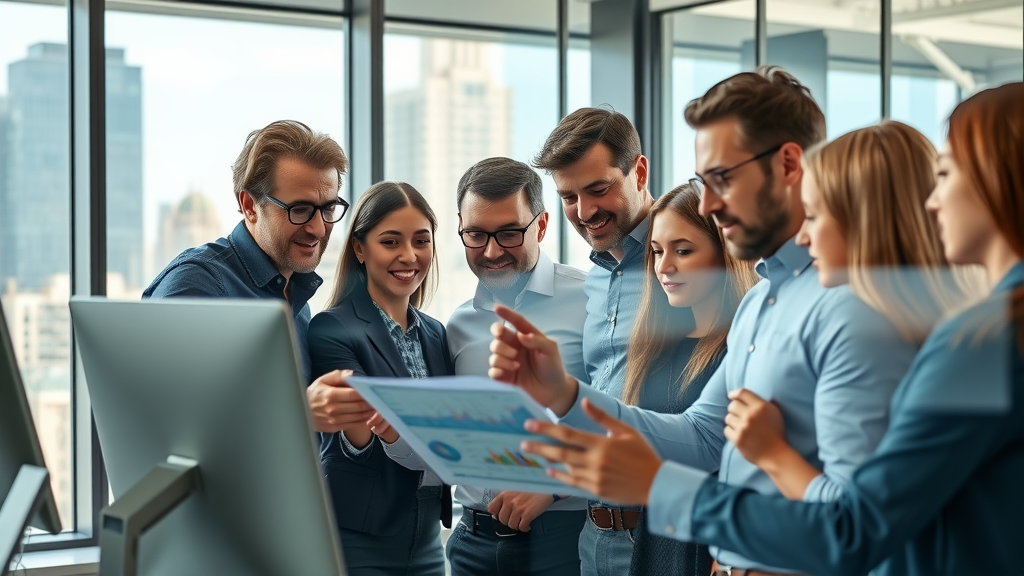 content performance metrics being analyzed by a marketing team in a modern office
