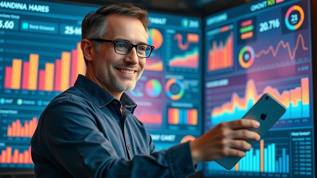 marketer analyzing ROI metrics and graphs for content strategy on an analytical dashboard showing content performance data
