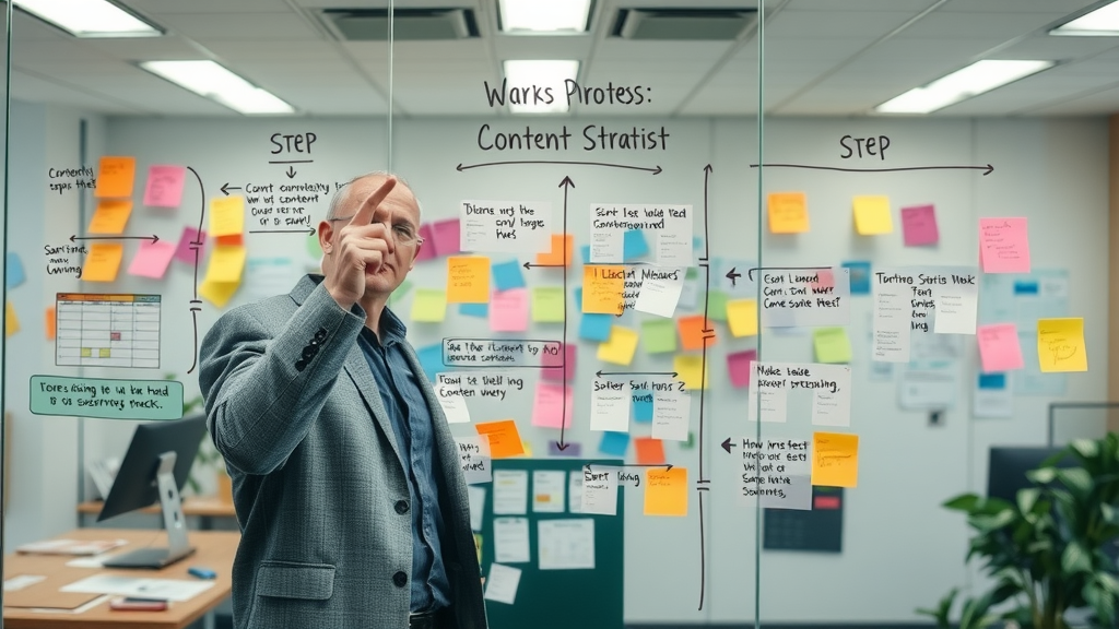 content strategist mapping the 7 steps of developing an effective content strategy on a glass board