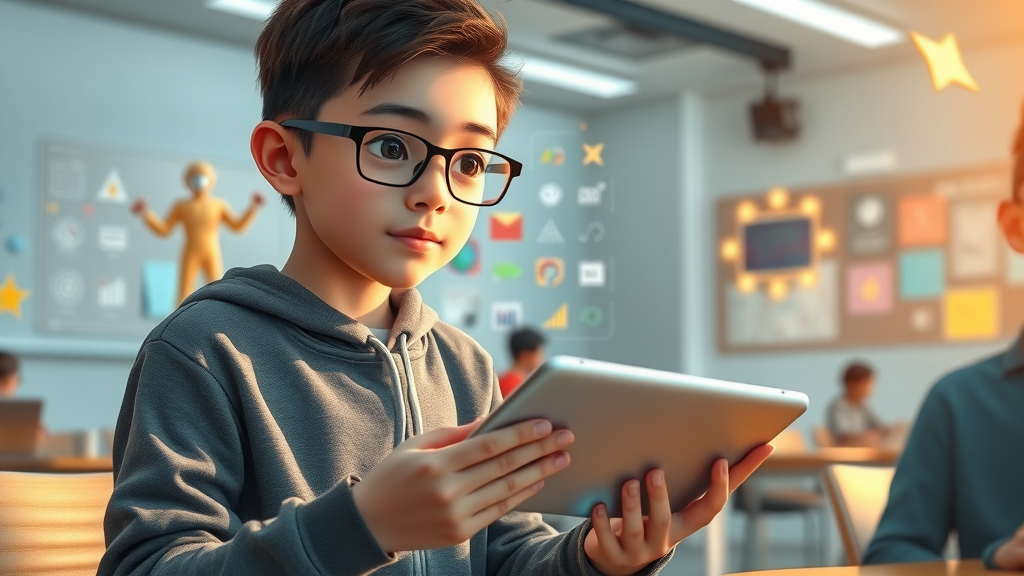 Student using AI-driven personalized learning assistant in a modern classroom