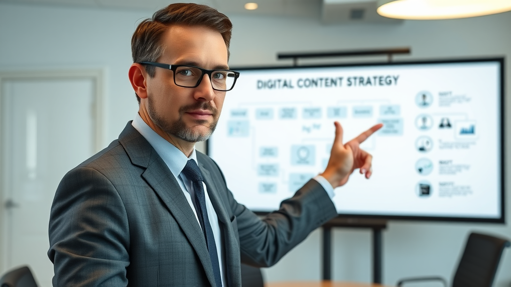 business professional explaining digital content strategy flowchart to a team in a modern conference room