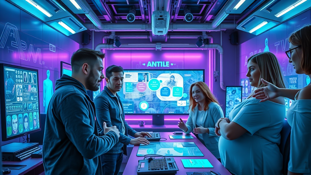 futuristic creative studio with AI-powered content creation interfaces, professionals exploring future trends in content marketing, neon holographic visuals
