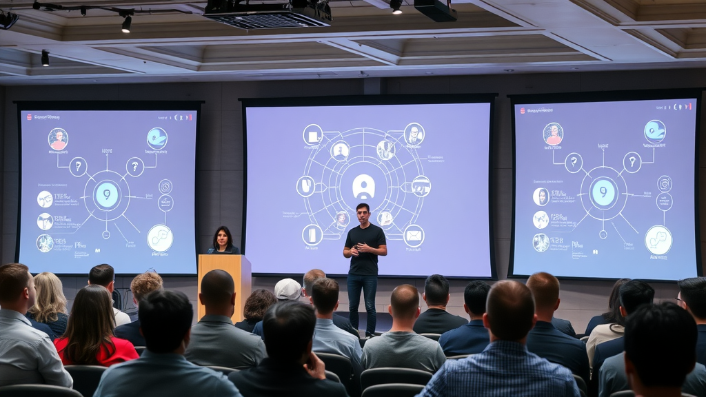 Successful founders presenting AI-powered business ideas to audience, ai business, profitable ai