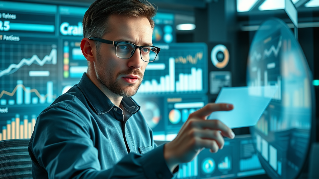 marketing analyst reviewing KPI data on transparent digital dashboards in a high-tech office