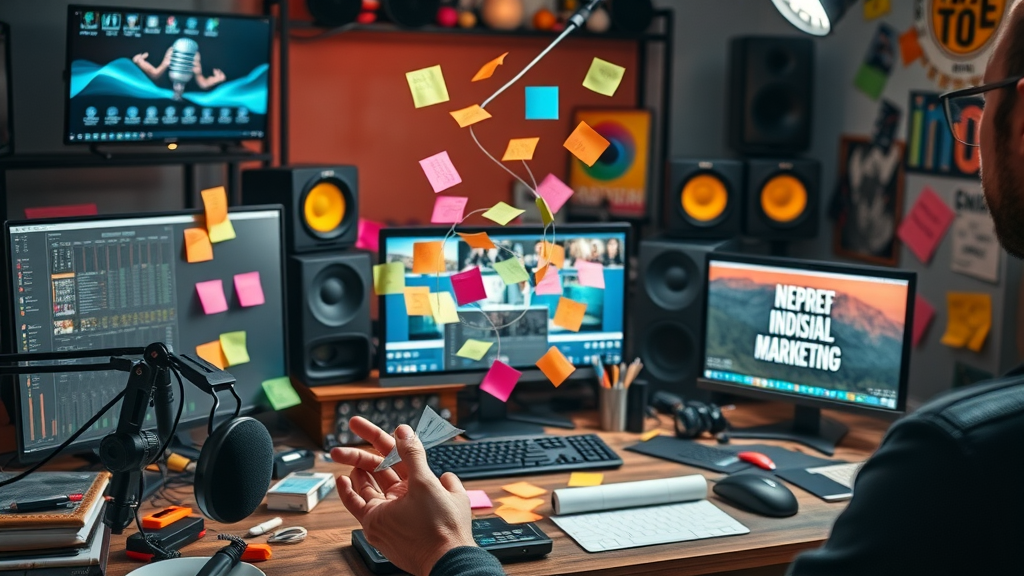 Marketer brainstorming content repurposing for content strategy enhancements in a creative studio environment.