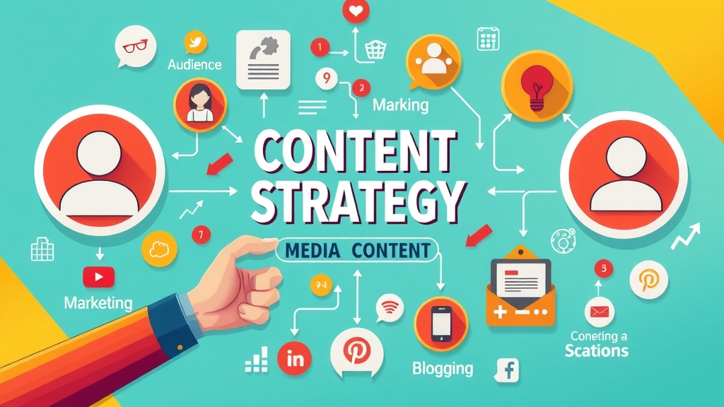 infographic showing how content strategy, content marketing, and media content are connected, vibrant and easy to understand