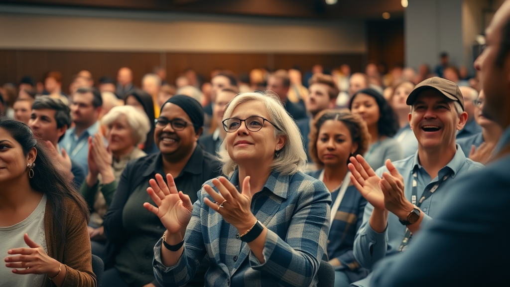 engaged diverse audience captivated by charismatic speaker, audience engagement in a modern conference hall
