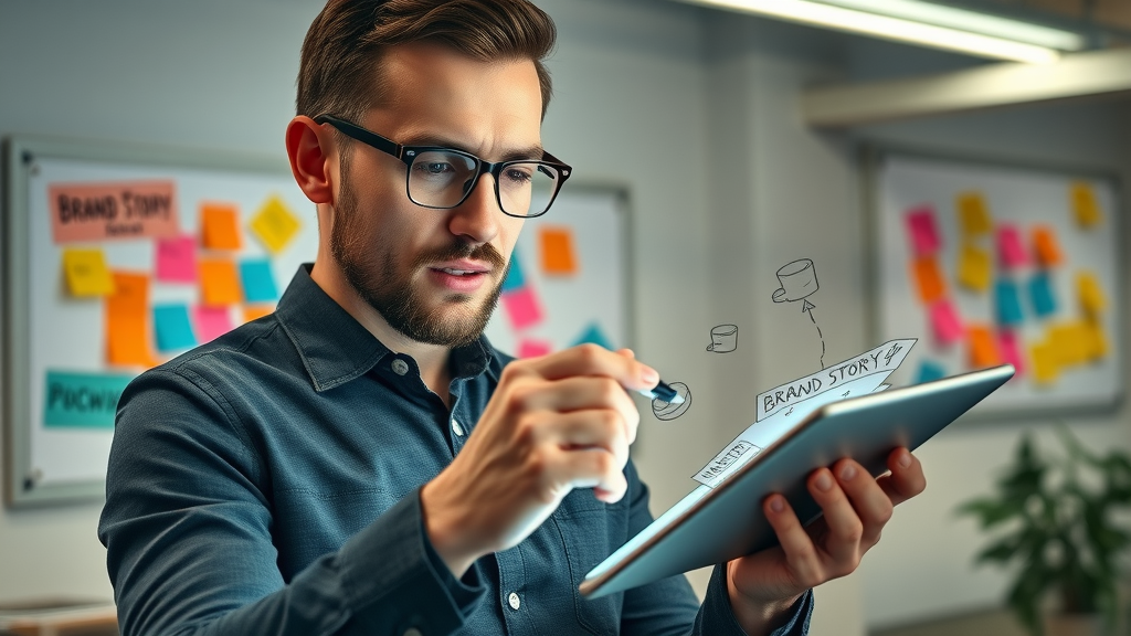 Creative marketing strategist sketching brand storytelling concepts on a digital tablet in an office